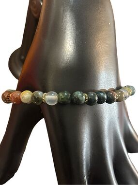 REESELYN CREATIONS Handcrafted Indian Agate Stretch bracelet with brass spacers.